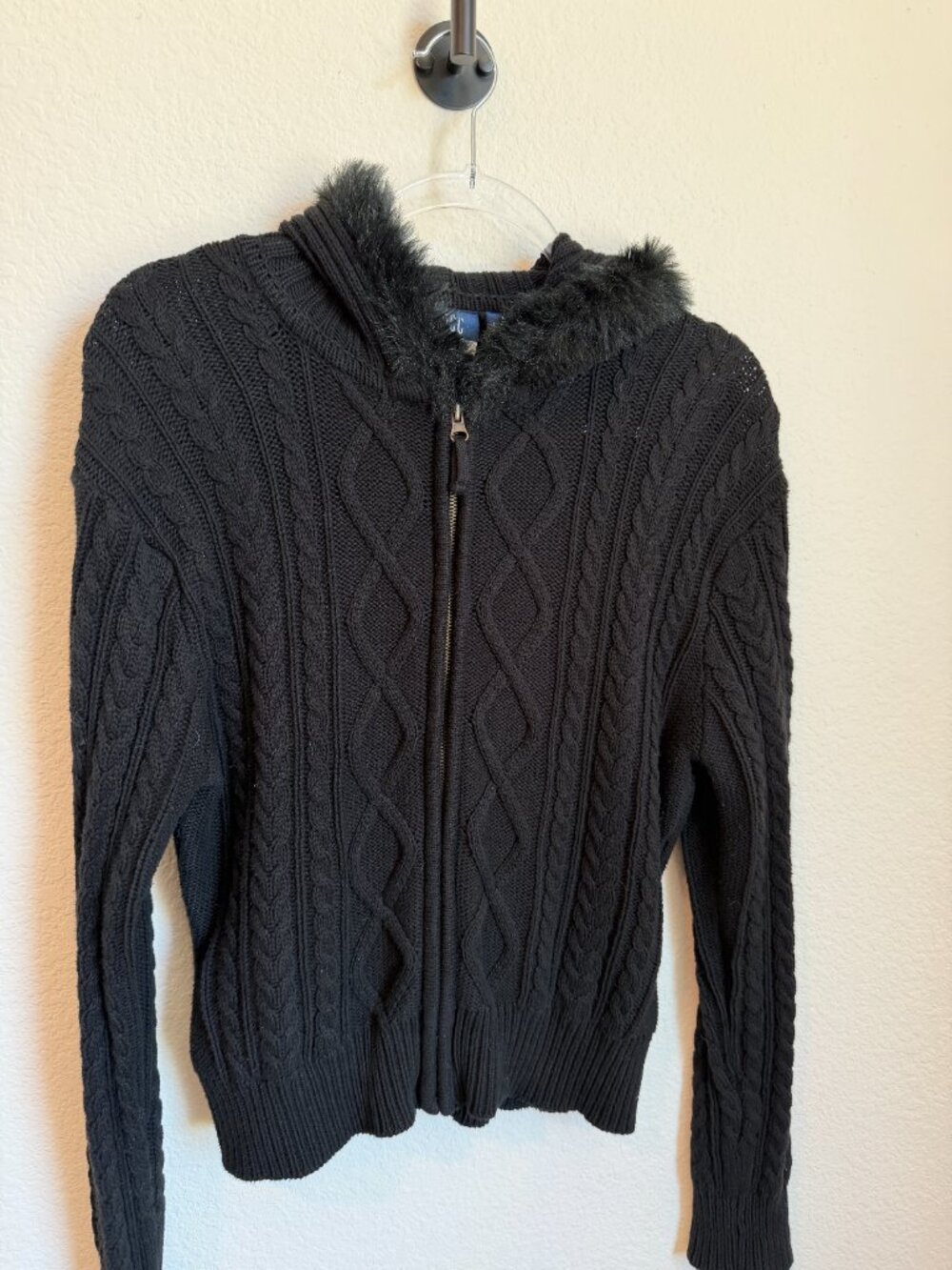 Vintage Y2K DCC Knits Black Cable Knit Hooded Sweater Faux Fur Trim Zip Jacket M - Picture 3 of 6